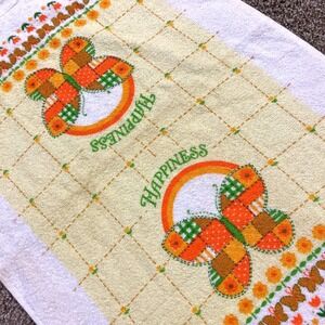 VTG CANNON Happiness Hand Kitchen Towel Butterfly Fringe 70s‎ NOS Orange Yellow